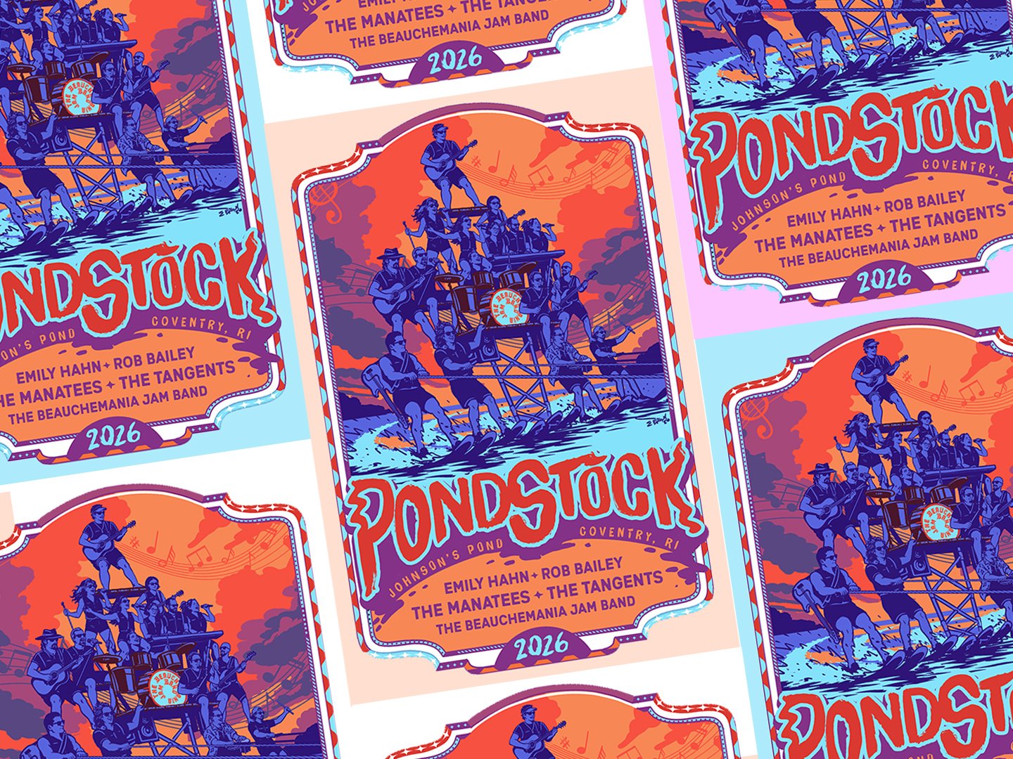 Pondstock 2026 poster wall, art by Emily
